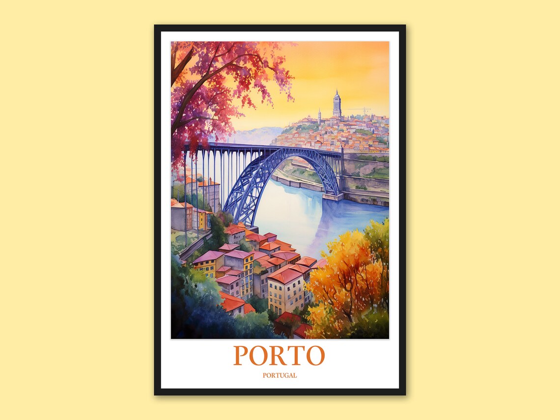 Porto Portugal Douro Bridge Autumn Hillside Panorama Watercolor Poster