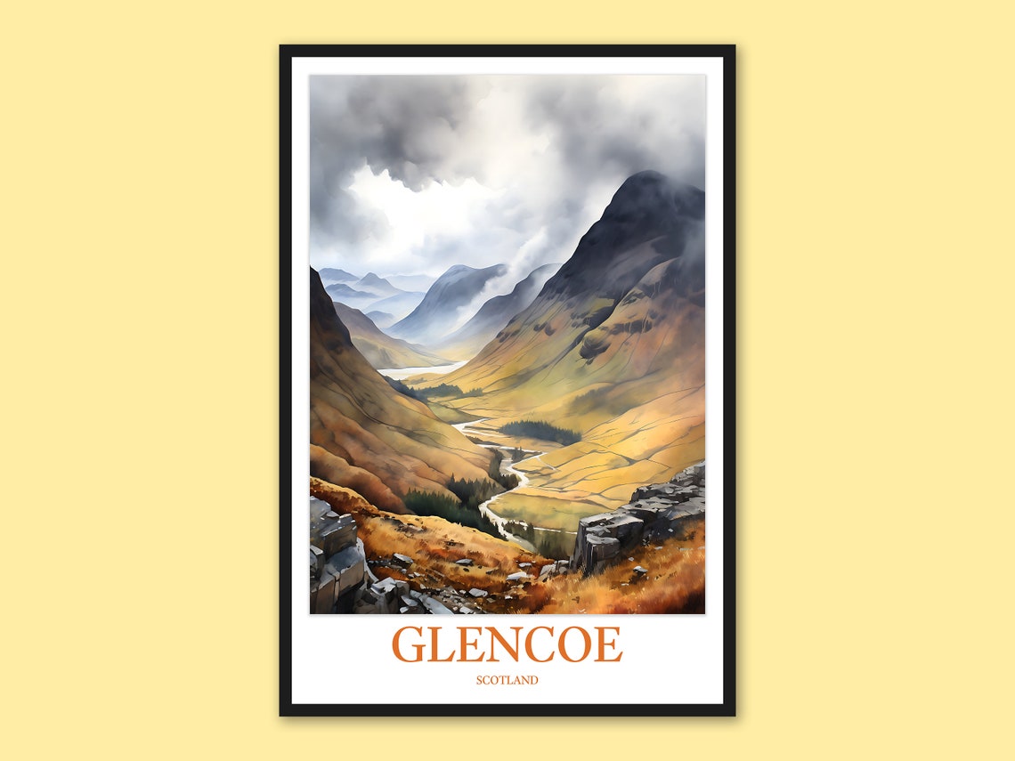 Glencoe Scotland Highlands Valley Watercolor Mountain Travel Poster