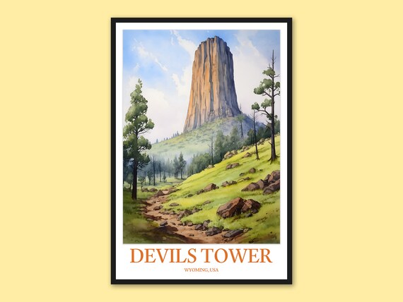 Devils Tower Wyoming Daytime Hillside Watercolor Travel Poster