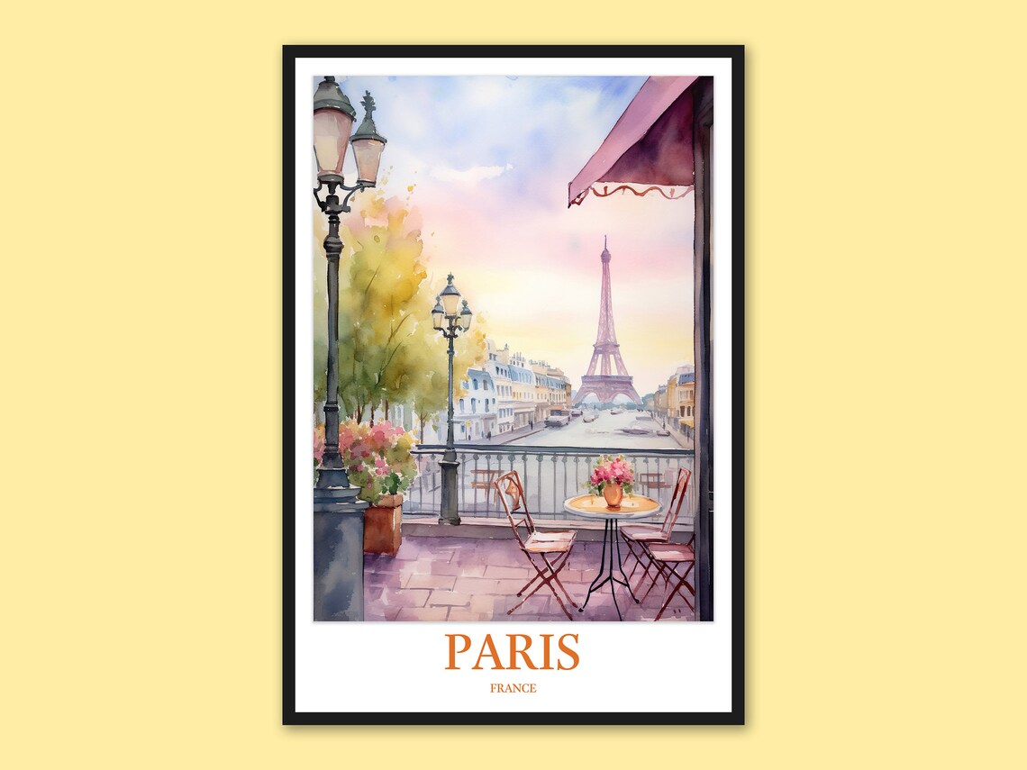 Paris France Eiffel Tower Flower Cafe Terrace Watercolor Poster