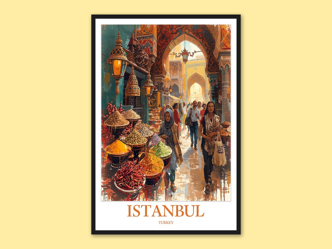 Istanbul Spice Bazaar Hanging Lanterns and Spice Bowls Travel Poster