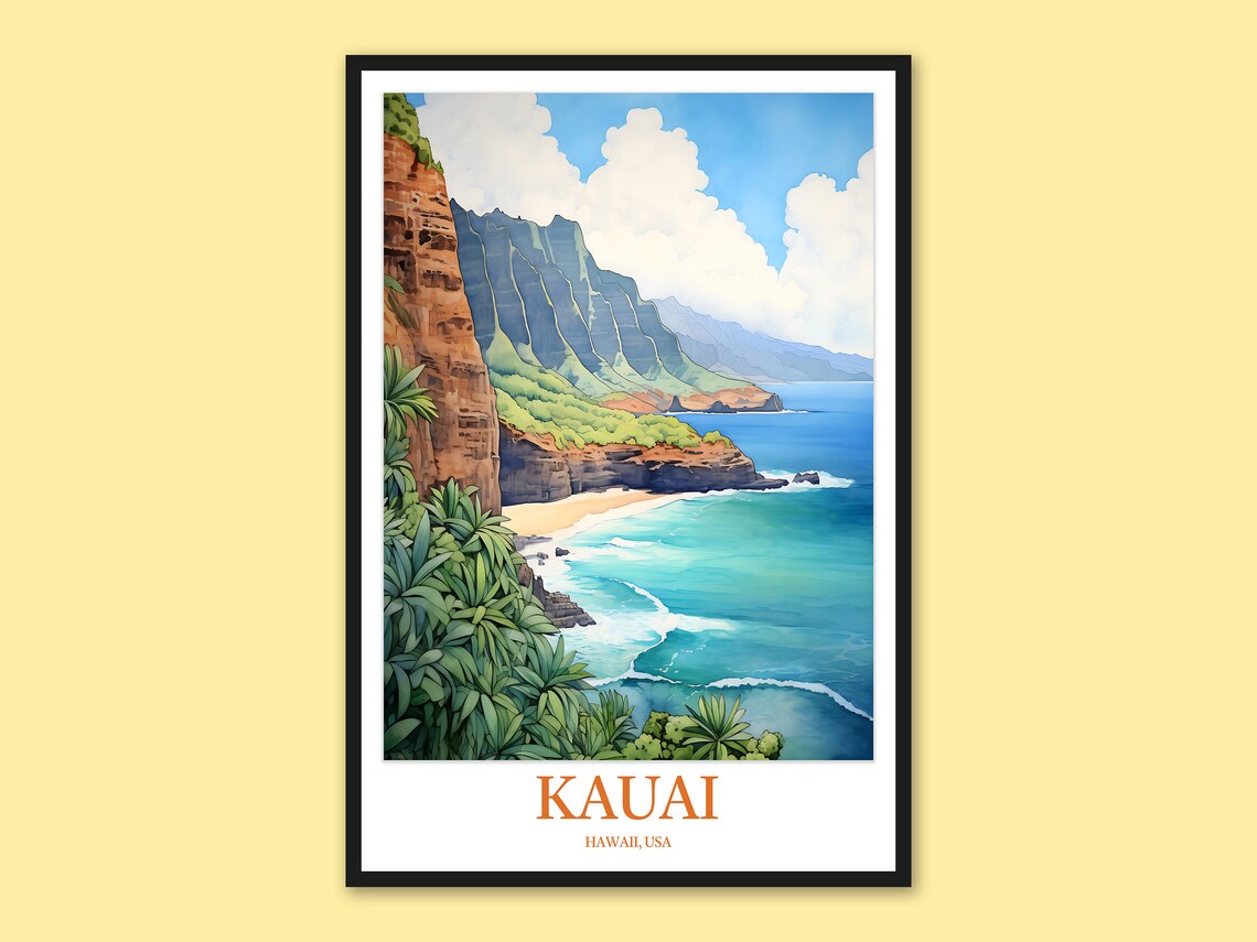 Kauai Na Pali Coast Hawaii Cliffs Watercolor Tropical Travel Poster