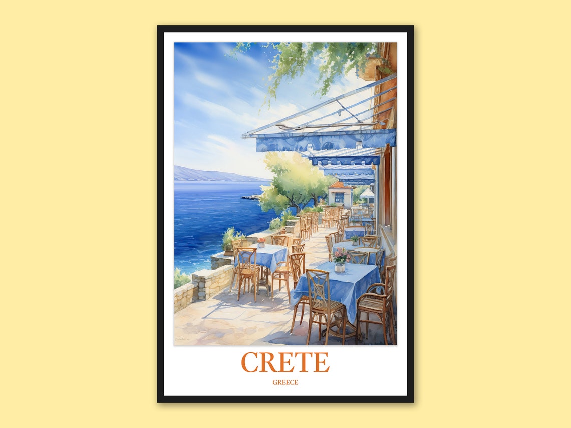 Crete Greece Seaside Cafe Blue Tables Waterfront Dining Poster