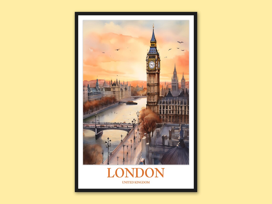 London Big Ben Sunset Thames Watercolor England Travel Poster