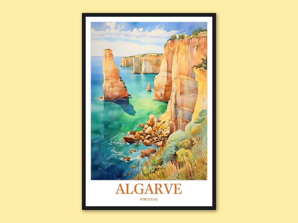 Algarve Portugal Clifftop View Sea Stacks Emerald Watercolor Poster