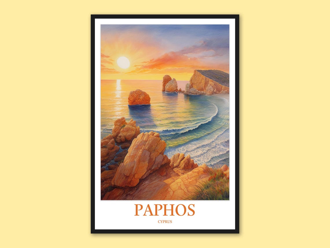 Aphrodite's Rock Paphos Cyprus Sunset Coast Watercolor Poster