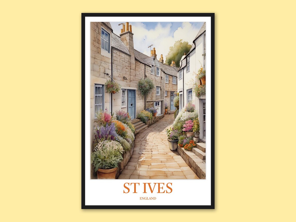 St Ives England Flower Basket Lane Watercolor Travel Wall Art