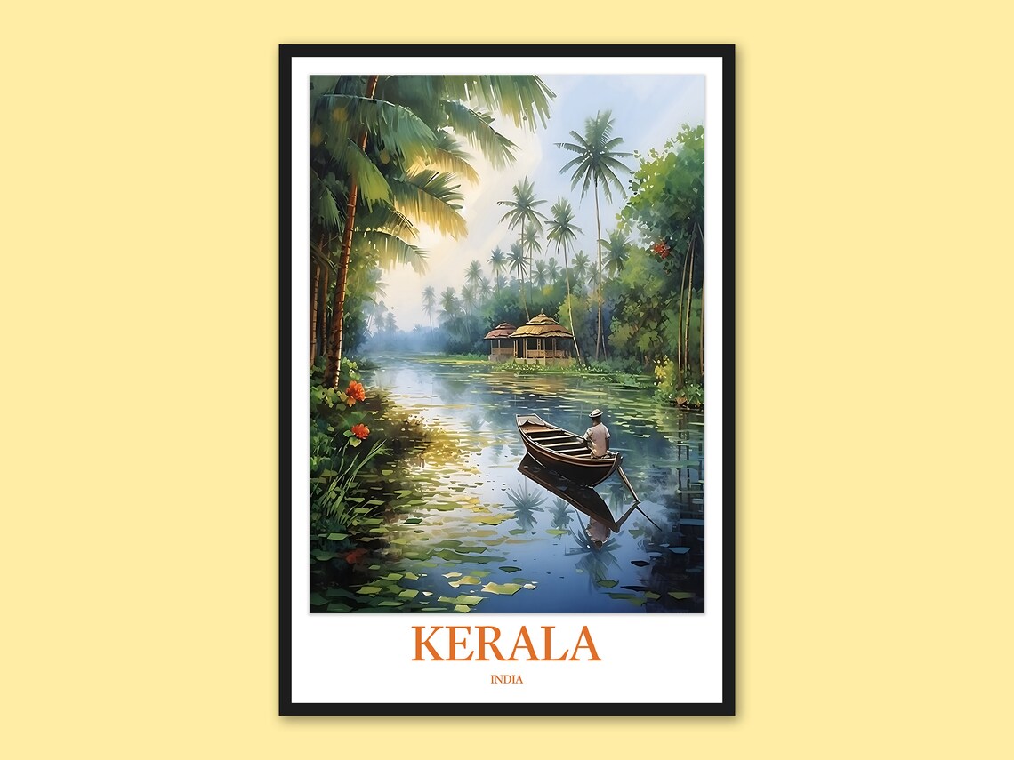 Kerala India Backwater Canoe Palm Trees Watercolor Travel Poster