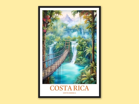 Costa Rica Turquoise Falls Suspension Bridge Misty Rainforest Poster