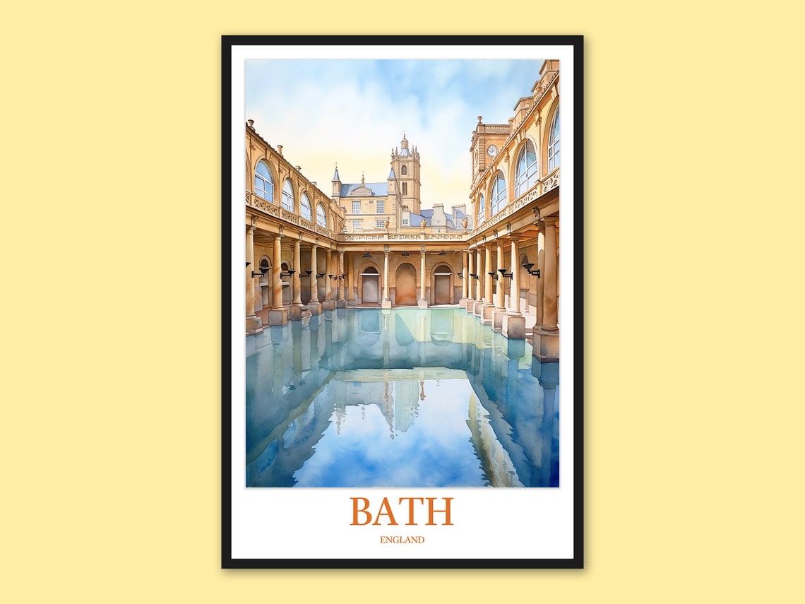 Bath England Roman Baths Abbey Tower View Watercolor Art Poster