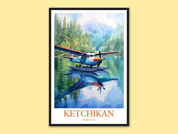 Ketchikan Alaska Seaplane Watercolor Lake Mountain Art Poster