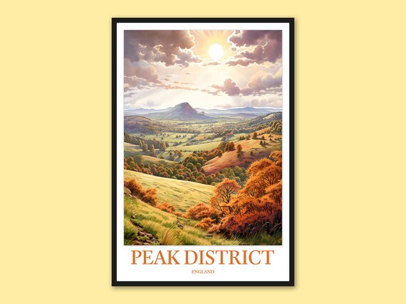 Peak District England Golden Sunlit Hills Landscape Painting Poster
