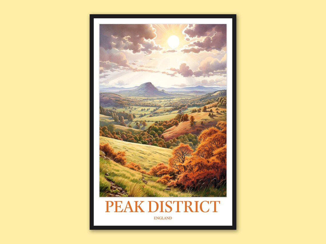 Peak District England Golden Sunlit Hills Landscape Painting Poster