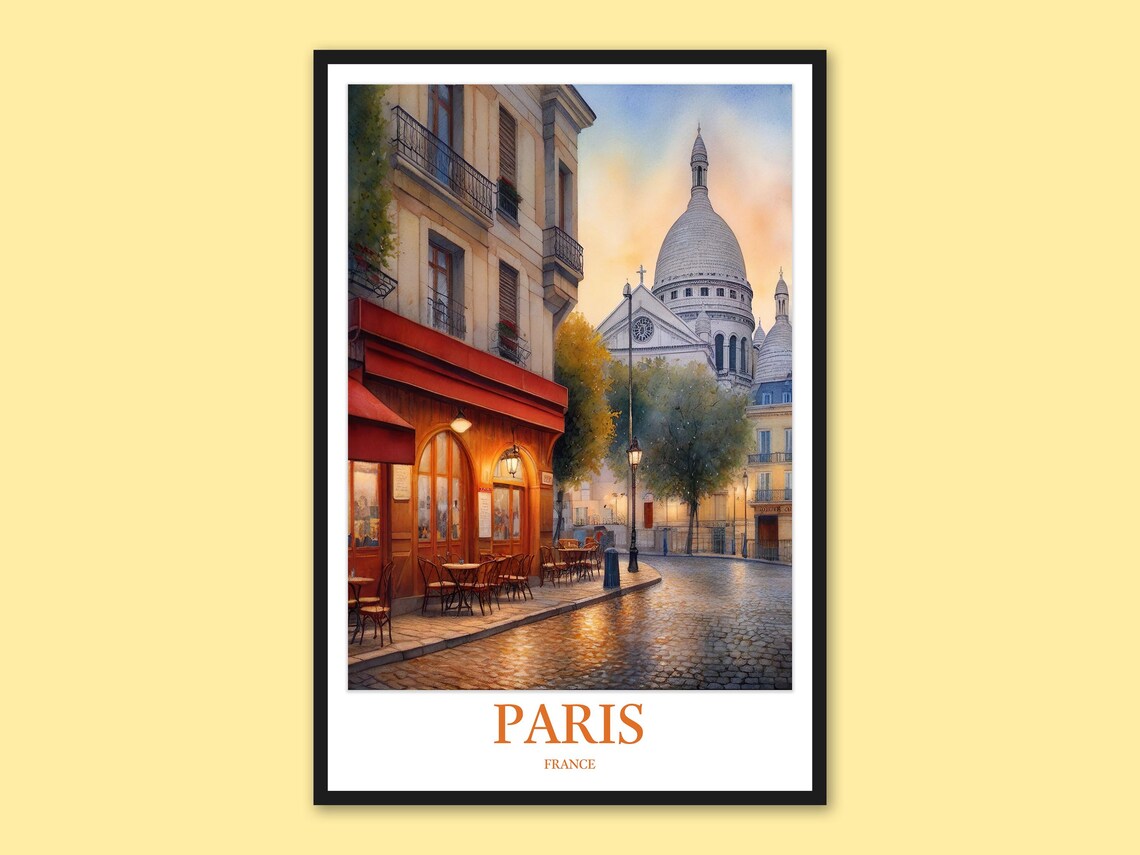 Paris Sacre Coeur Evening Cafe Glowing Street Watercolor Travel Poster