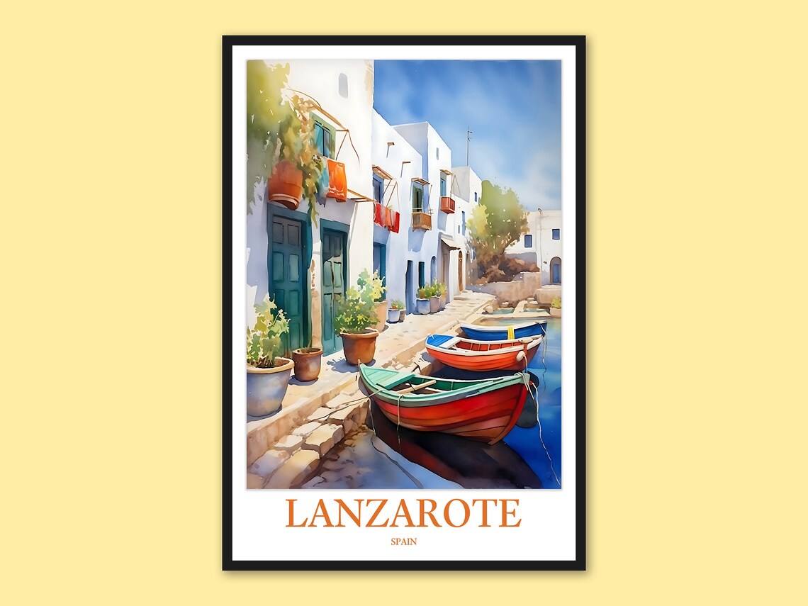 Lanzarote Spain Harbor Fishing Boats Watercolor Travel Poster