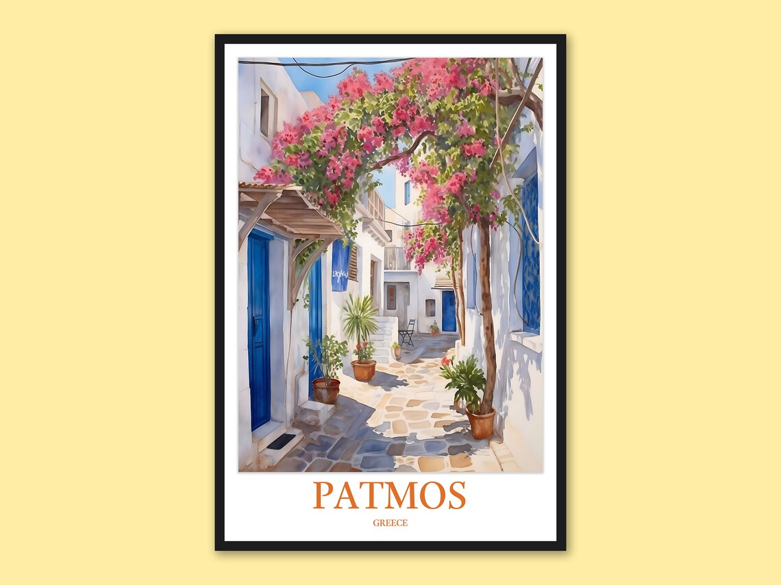 Patmos Greece Chora Village Bougainvillea Alley Travel Poster