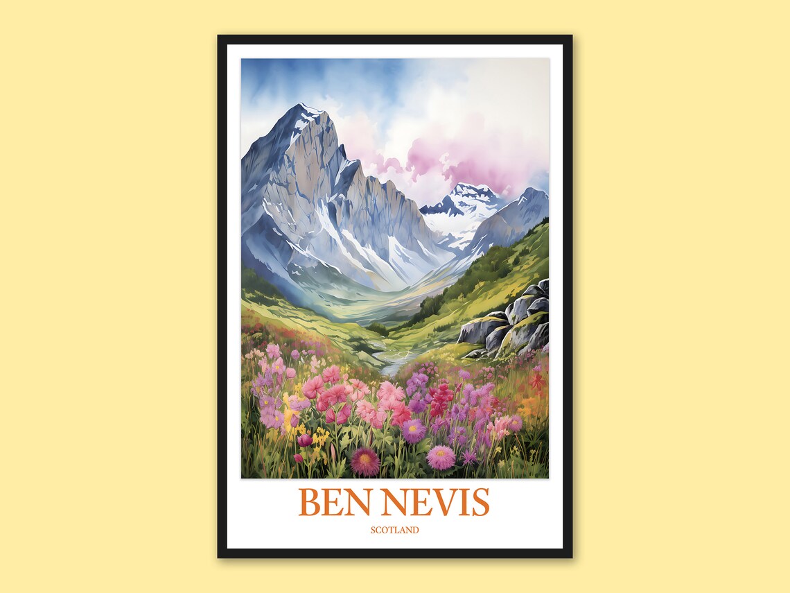 Ben Nevis Scotland Pink Meadow Alpine Peaks Travel Art Poster