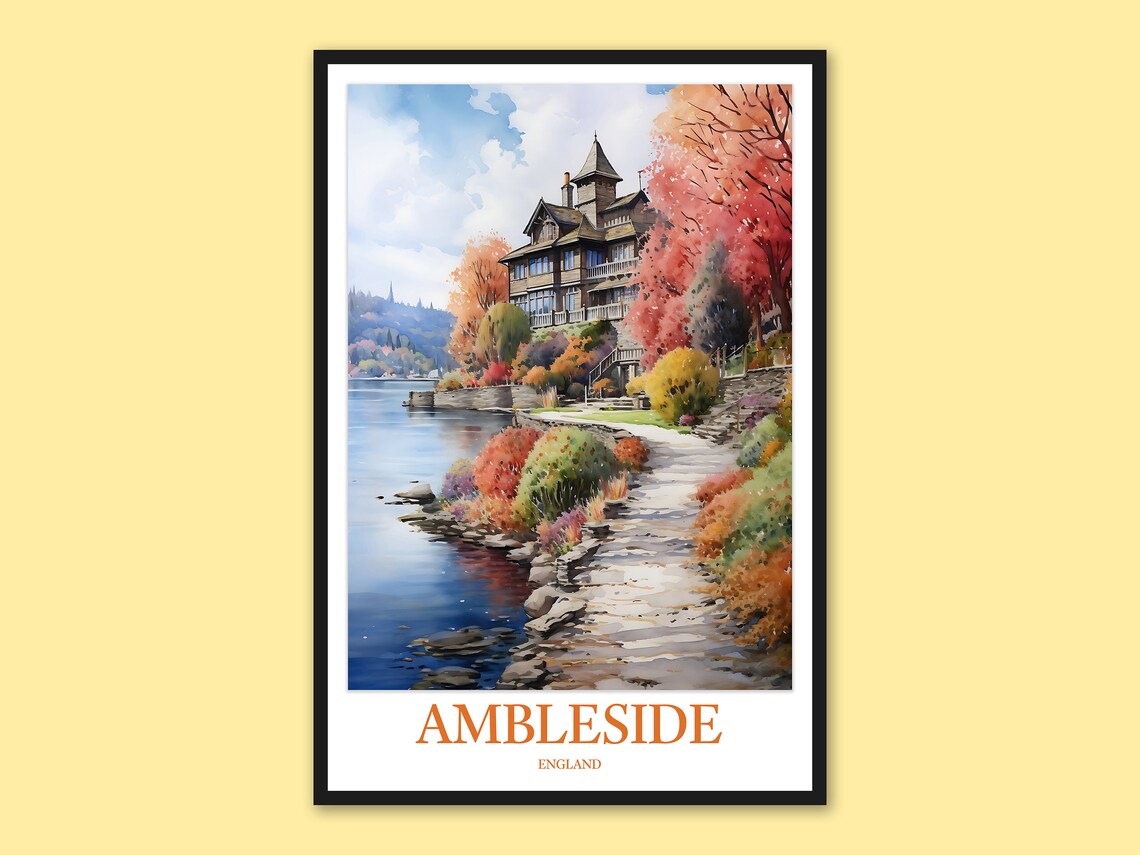 Ambleside England Autumn Lakeside Manor Watercolor Travel Poster