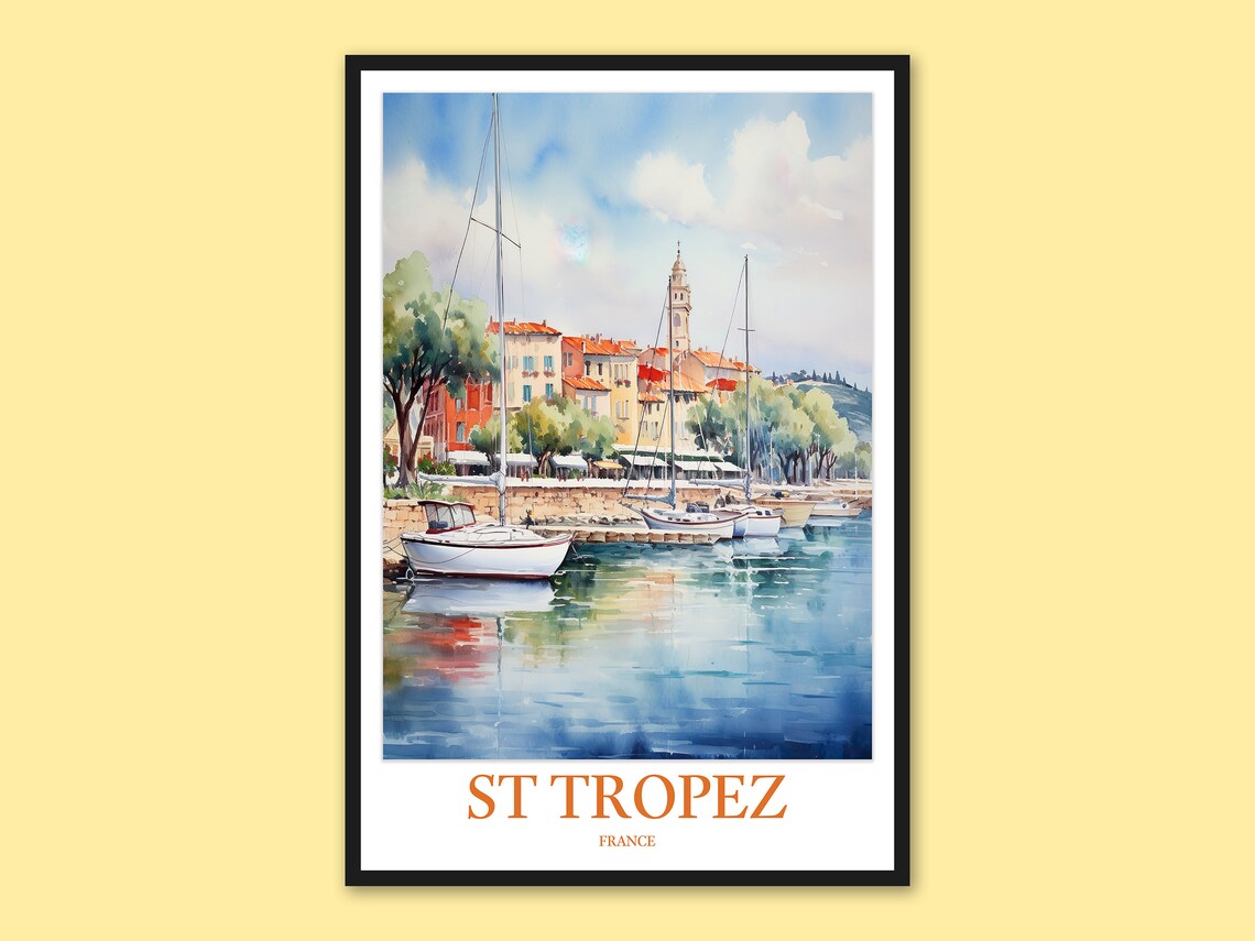 St Tropez Waterfront Bell Tower Sailboats Daytime Watercolor Poster
