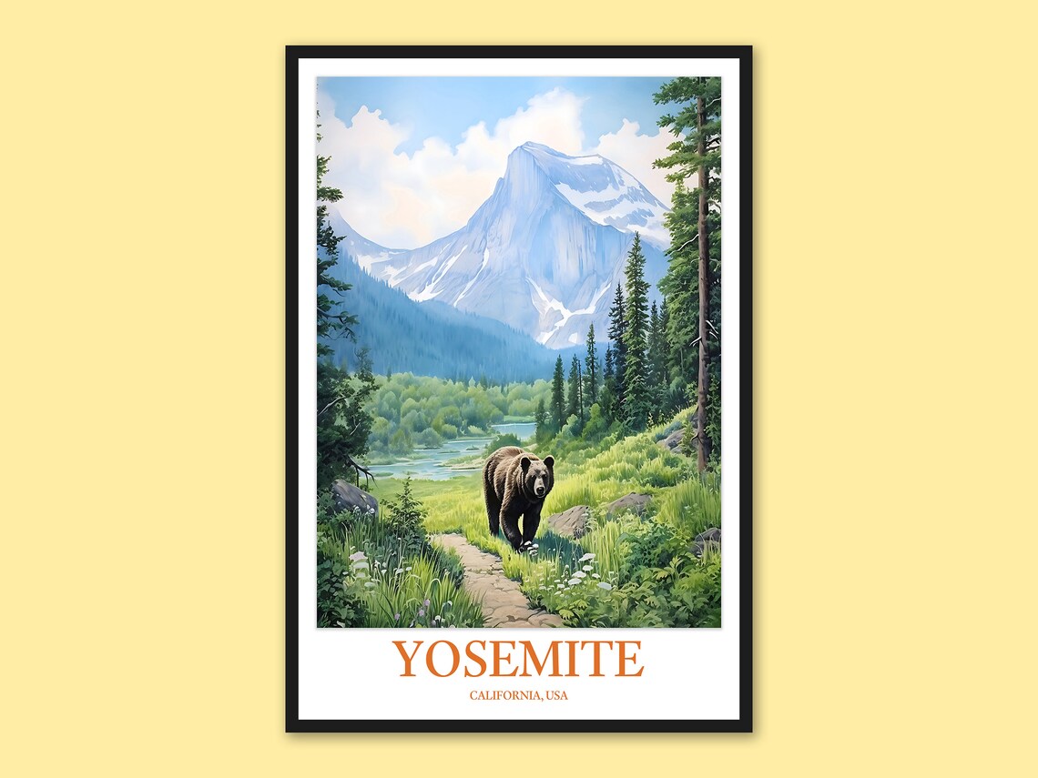 Yosemite California Black Bear Meadow Granite Peak Wildlife Poster