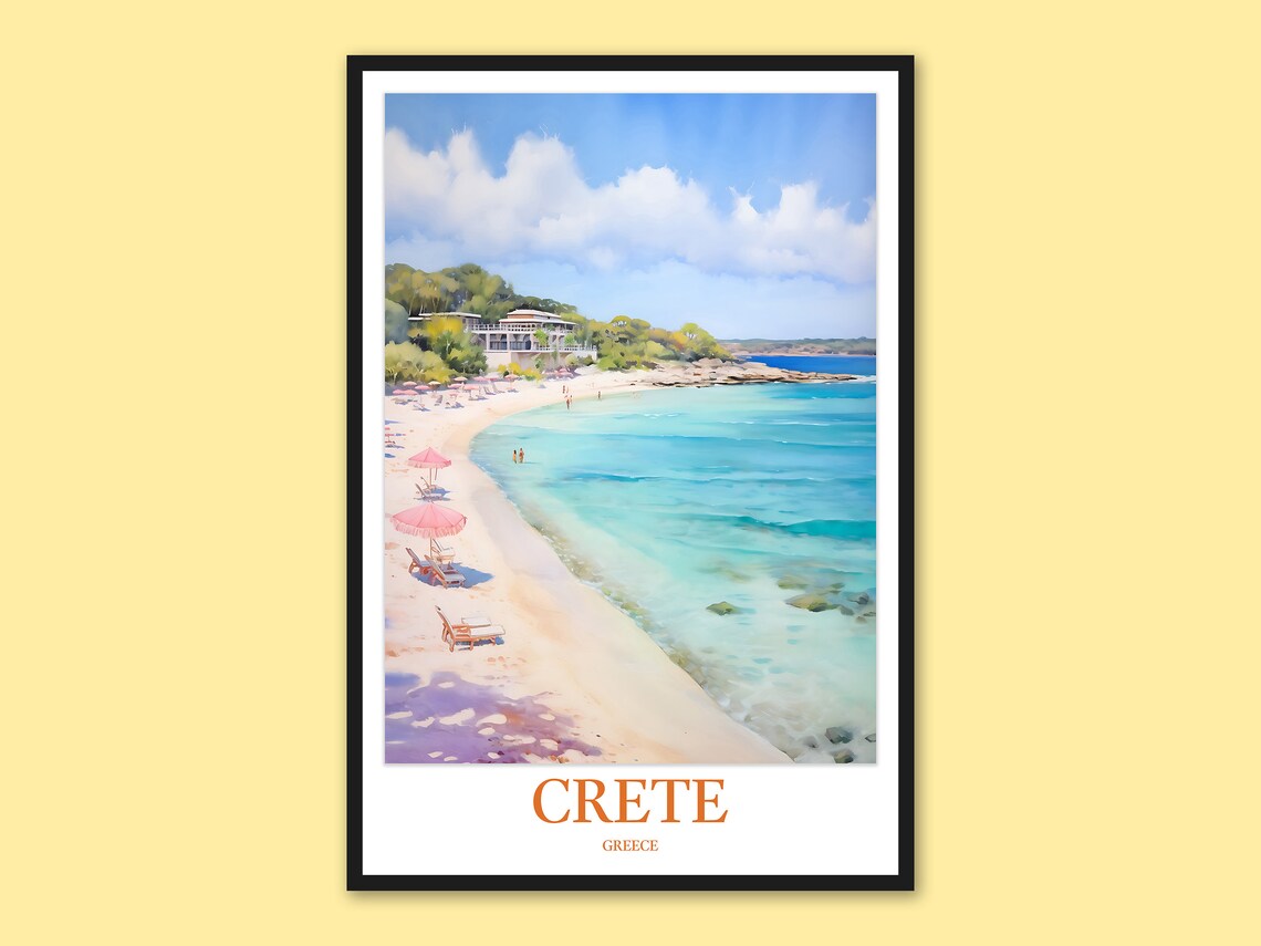 Crete Greece Beach Umbrellas Turquoise Water Travel Art Poster