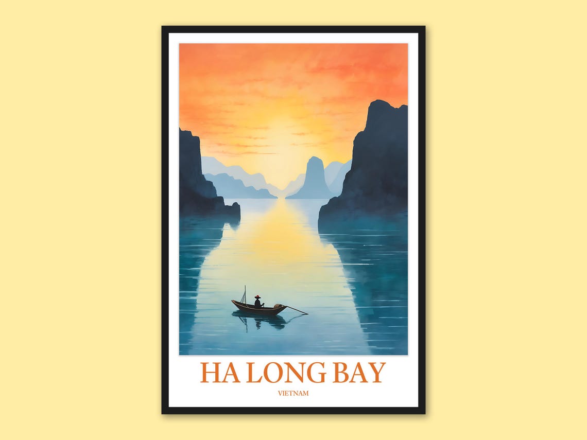 Ha Long Bay Vietnam Sunset Lone Rowboat Karst Silhouette Poster