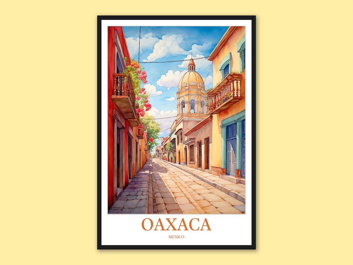 Oaxaca Mexico Old Street Watercolor Poster, Colonial City Travel Art