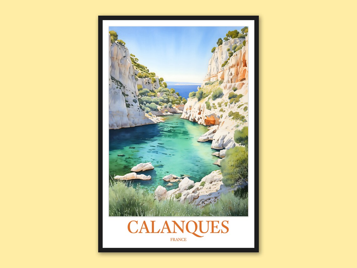 Calanques National Park France Turquoise Cove Watercolor Travel Poster