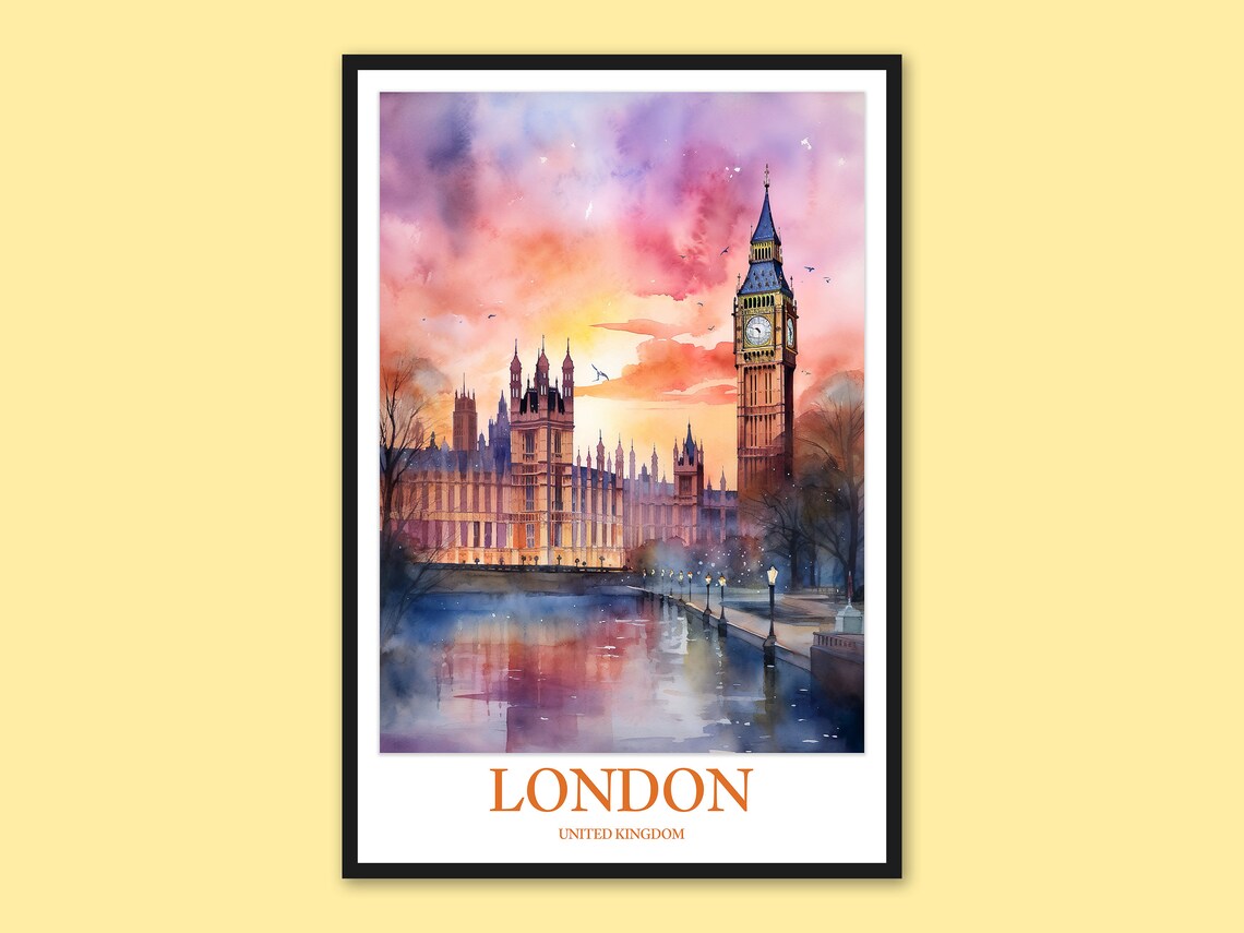 London Big Ben Sunset Purple Sky Thames Watercolor Travel Poster