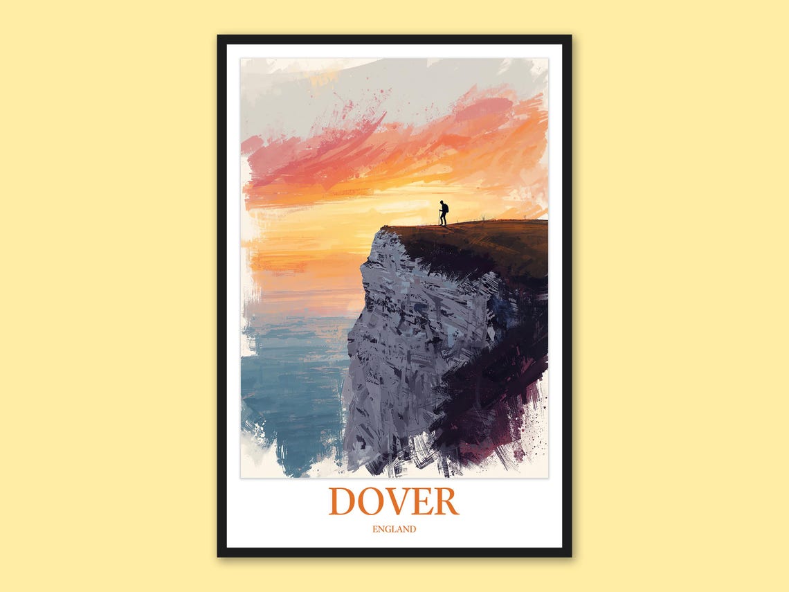 Dover England White Cliffs at Sunset with Hiker Silhouette Poster