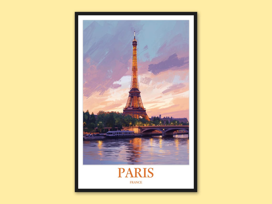 Paris Eiffel Tower Glowing Sunset Over the Seine Bridge Travel Poster