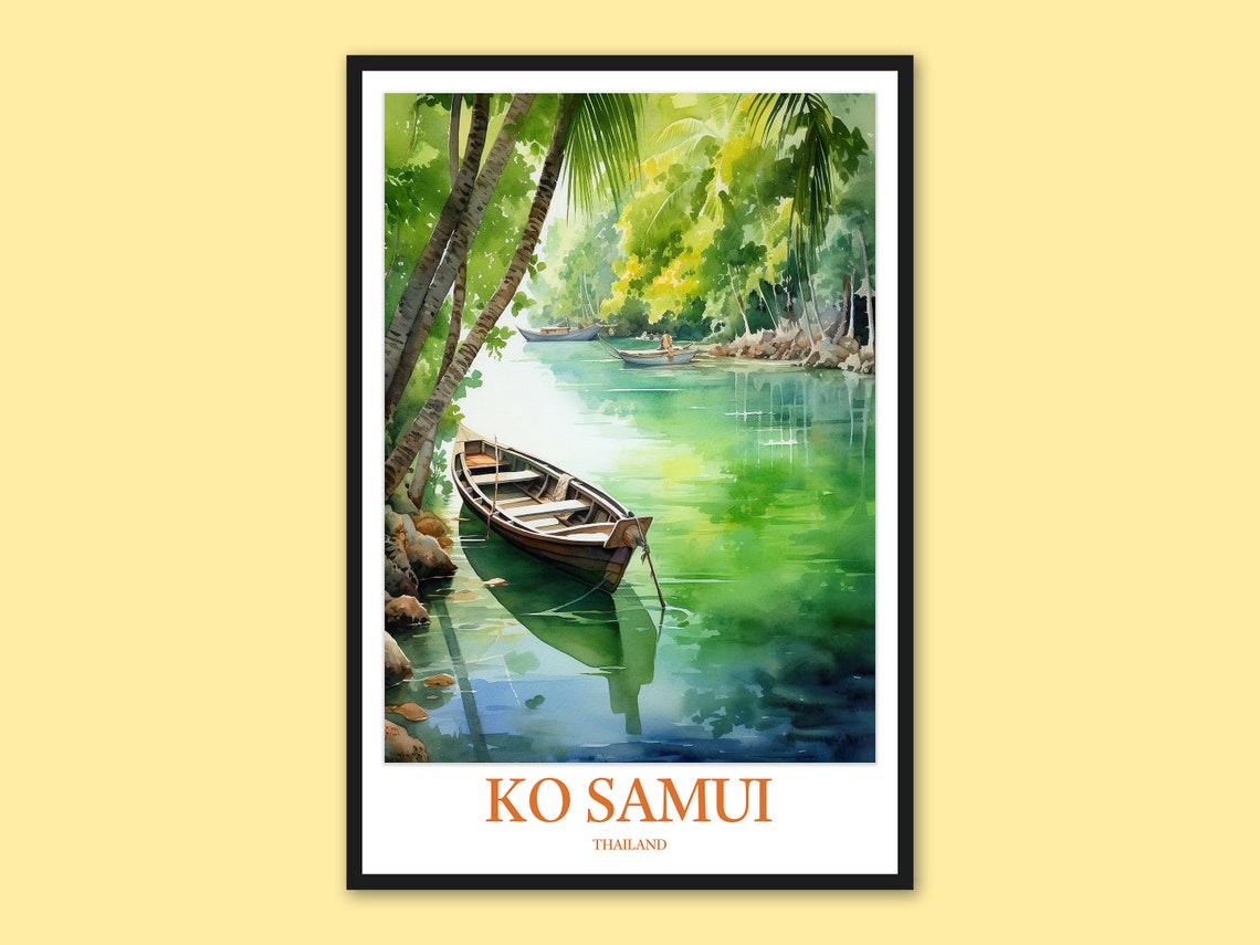 Ko Samui Thailand Emerald Lagoon Longtail Boat Watercolor Poster