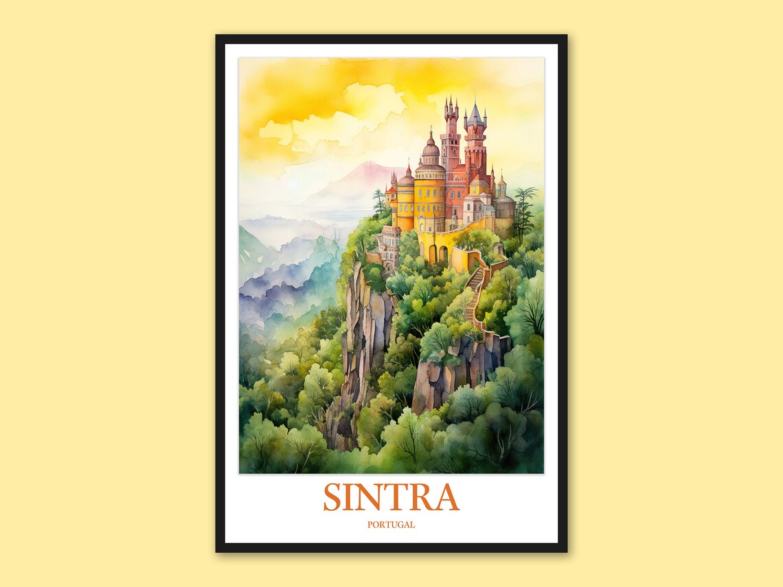 Sintra Portugal Pena Palace Hilltop Castle Watercolor Travel Poster