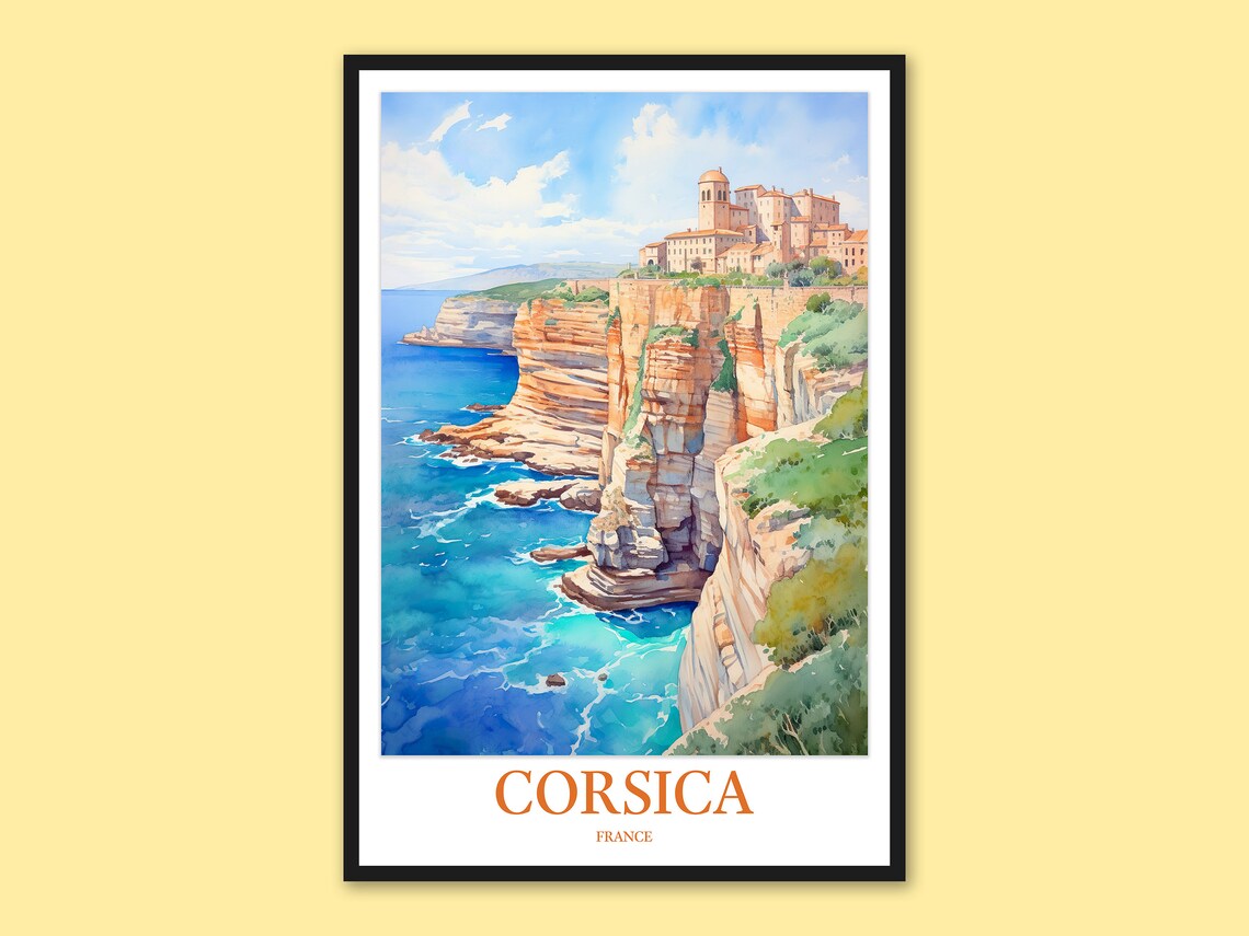 Corsica Cliffside Old Town Watercolor Coastal Travel Art Poster