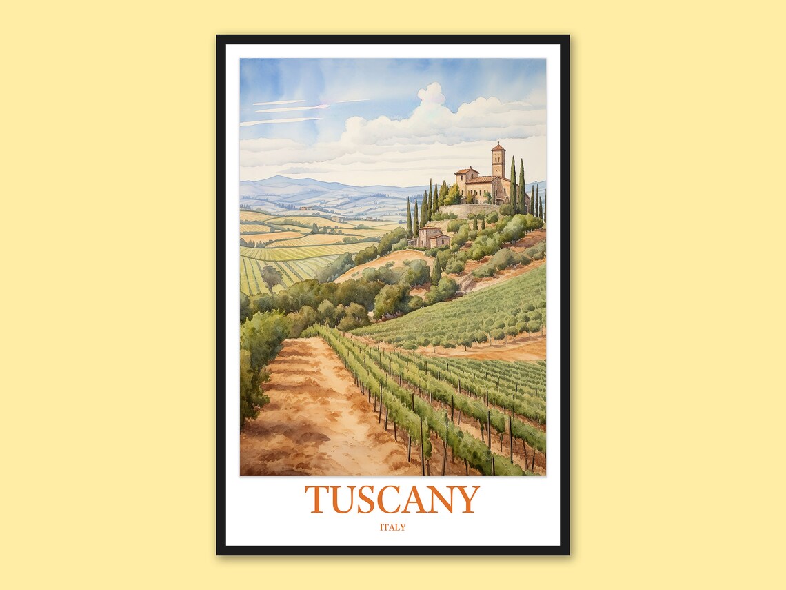 Tuscany Italy Sunlit Vineyard Hillside Watercolor Travel Poster