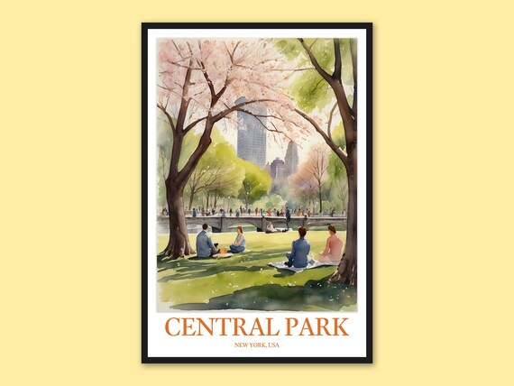 Central Park Blossom Bridge Spring Picnic New York Watercolor Poster