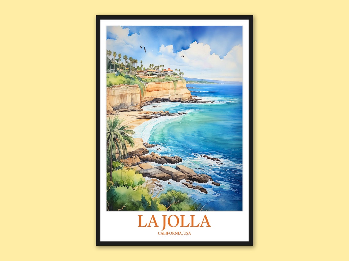 La Jolla California Coastal Cliffs and Beach Watercolor Travel Poster