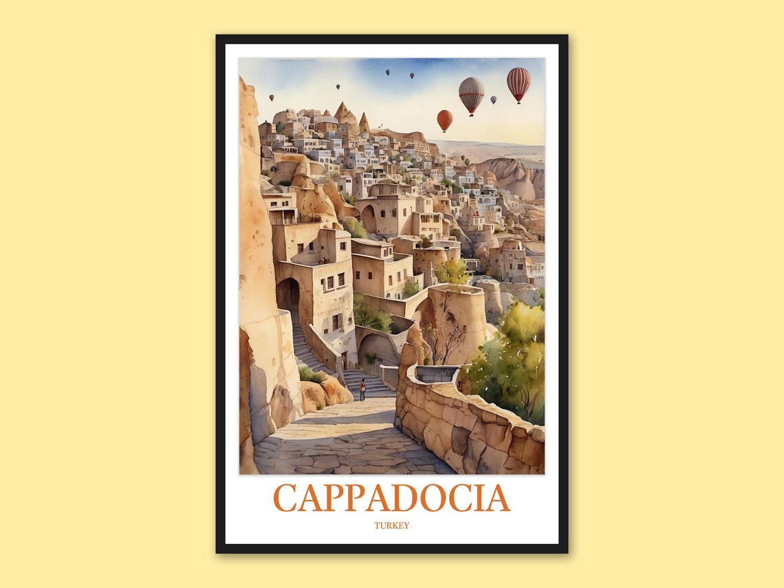 Cappadocia Cave Village Stone Steps Hot Air Balloons Travel Poster