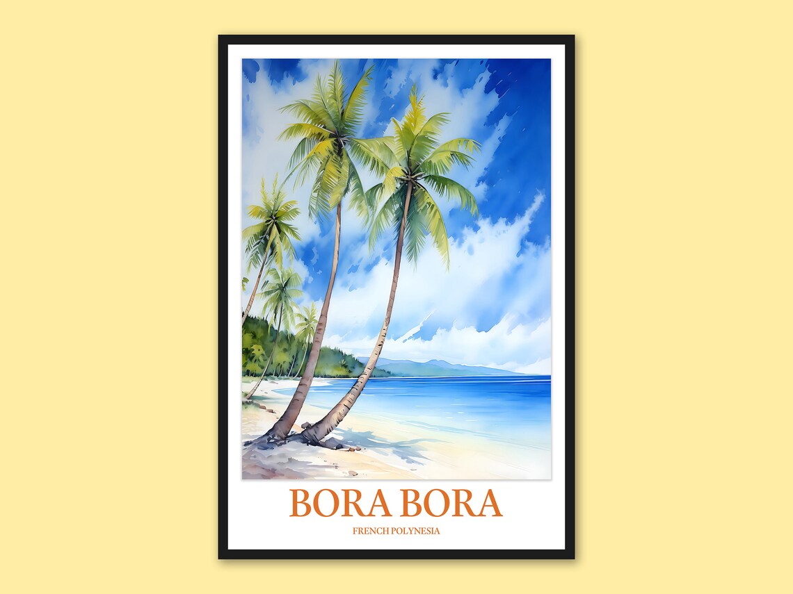 Bora Bora French Polynesia Palm Tree Beach Watercolor Poster
