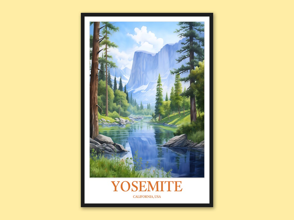 Yosemite National Park California River Valley Watercolor Art Poster