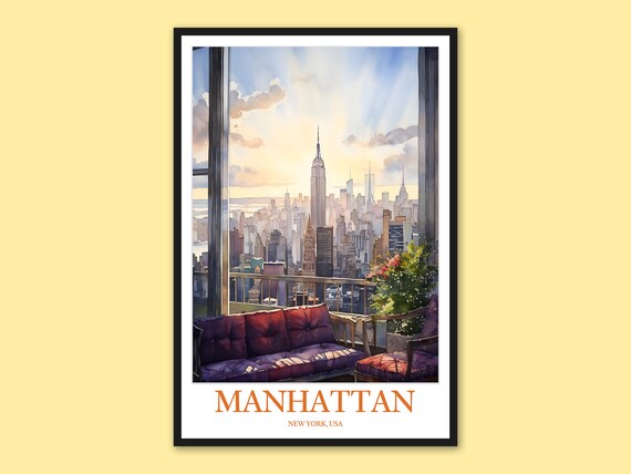 Manhattan Balcony View Empire State Building Watercolor Poster