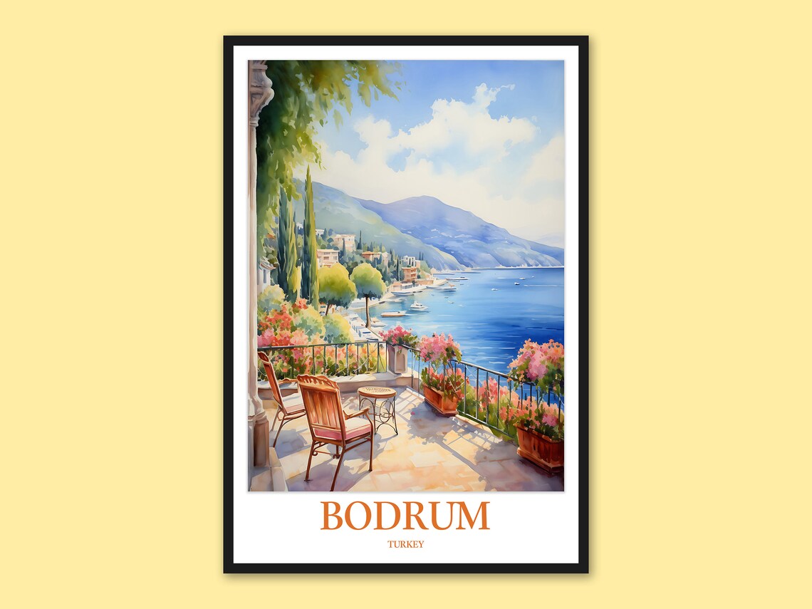 Bodrum Turkey Watercolor Terrace Sea View Flowers Travel Poster