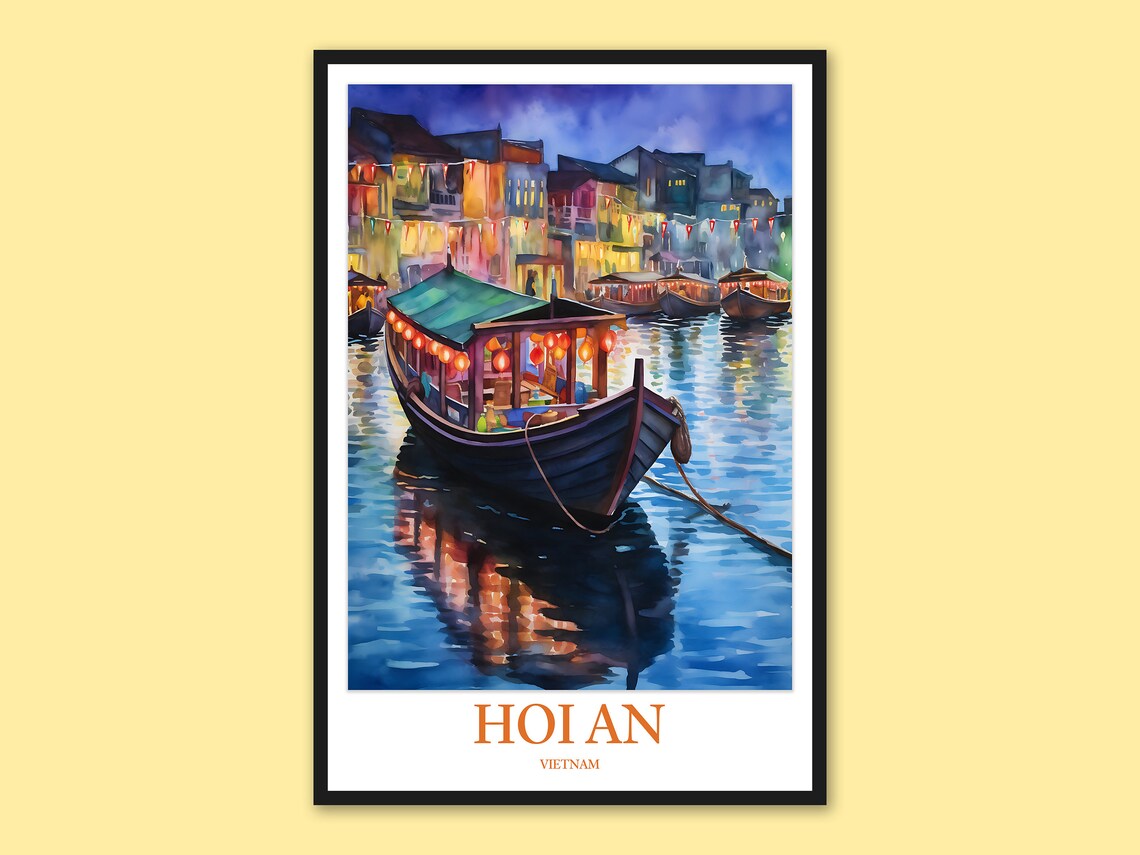 Hoi An Vietnam Glowing Lantern Boats Night River Watercolor Poster