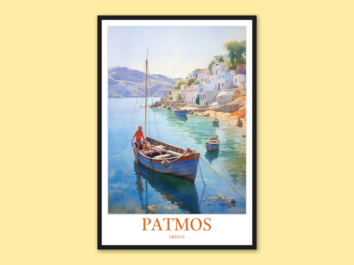 Patmos Greece Harbor Fisherman Boat On Vivid Blue Sea Travel Poster