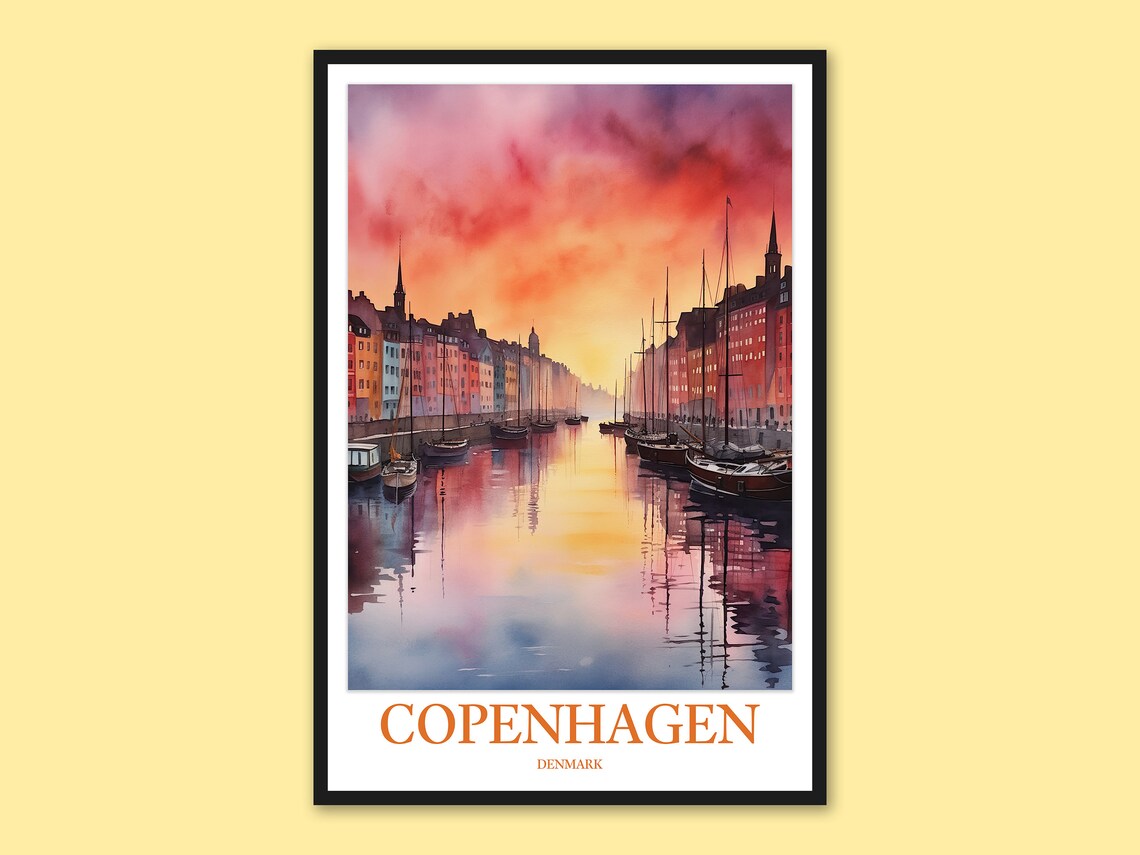 Copenhagen Nyhavn Harbor Pink Sunset Watercolor Travel Poster