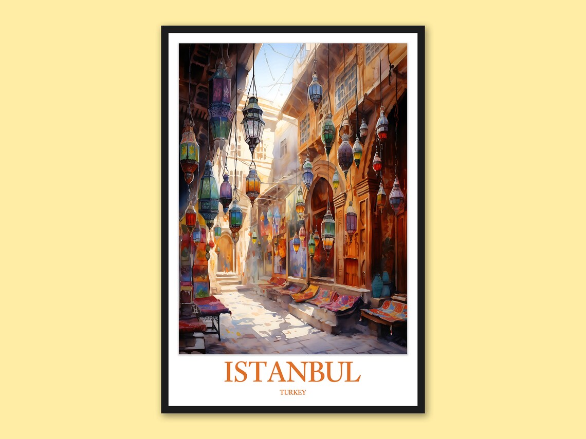 Istanbul Turkey Grand Bazaar Lantern Street Watercolor Travel Poster
