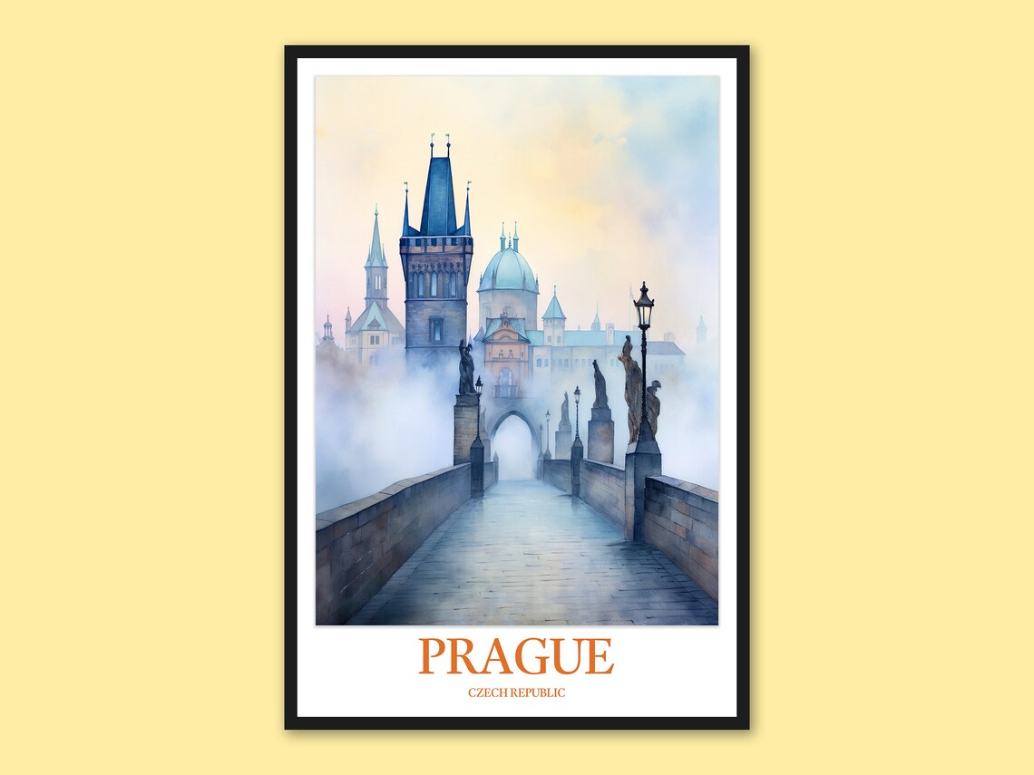 Prague Czech Republic Misty Charles Bridge Watercolor Travel Poster