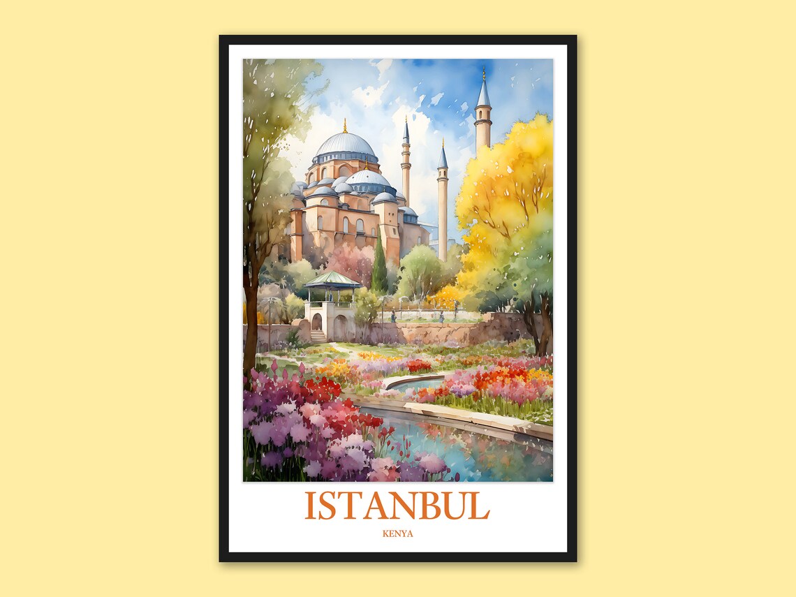 Istanbul Hagia Sophia Autumn Garden Pond Watercolor Travel Poster