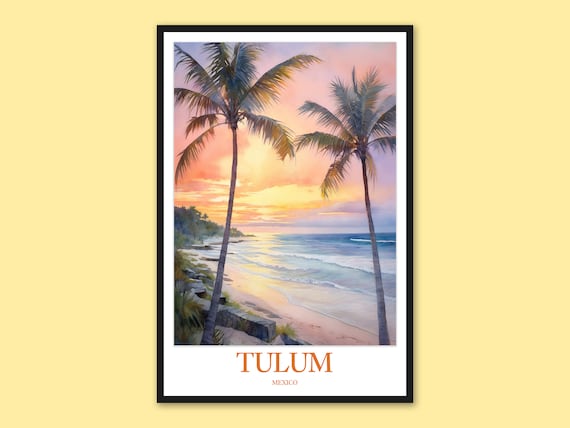 Tulum Beach Sunset Twin Palm Trees Pink Watercolor Travel Poster