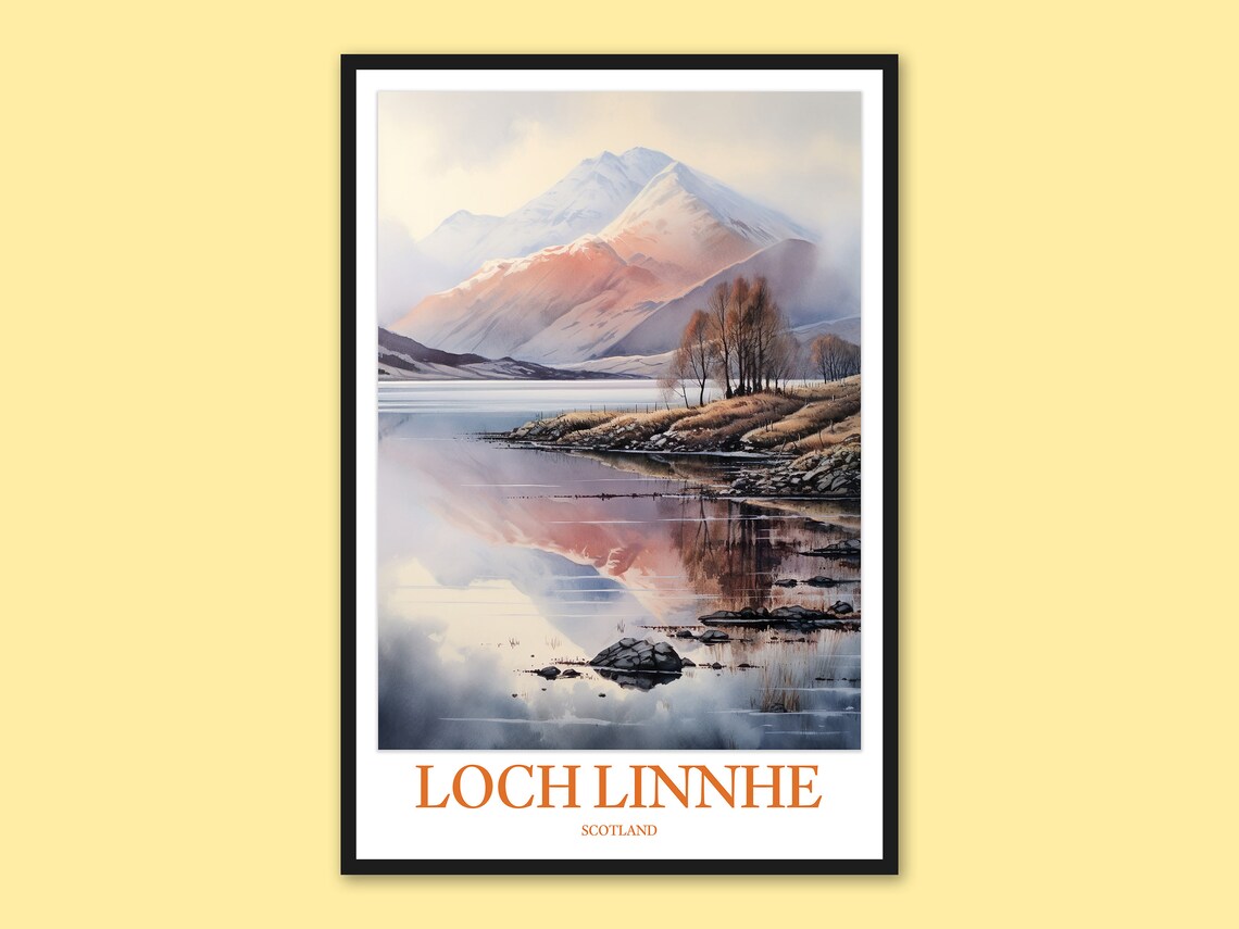 Loch Linnhe Scotland Watercolor Mountain Reflection Travel Poster